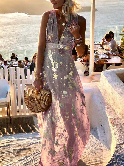 Deep V-Neck Sleeveless Empire Waist Metallic Foil Pleated Maxi Dress