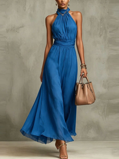 Halter Neck Solid Color Chiffon Vacation Style Waist-cinching Pleated Long Dress