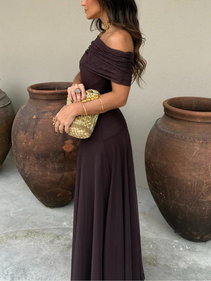 Off Shoulder Bardot Ruched Panel Sheer Overlay Column Maxi Gown
