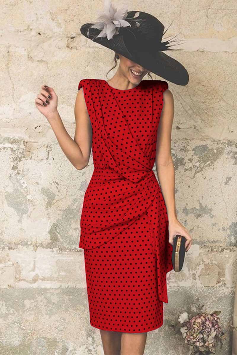 Polka Dot Draped Wrap-Front Structured Shoulder Pencil Midi Dress