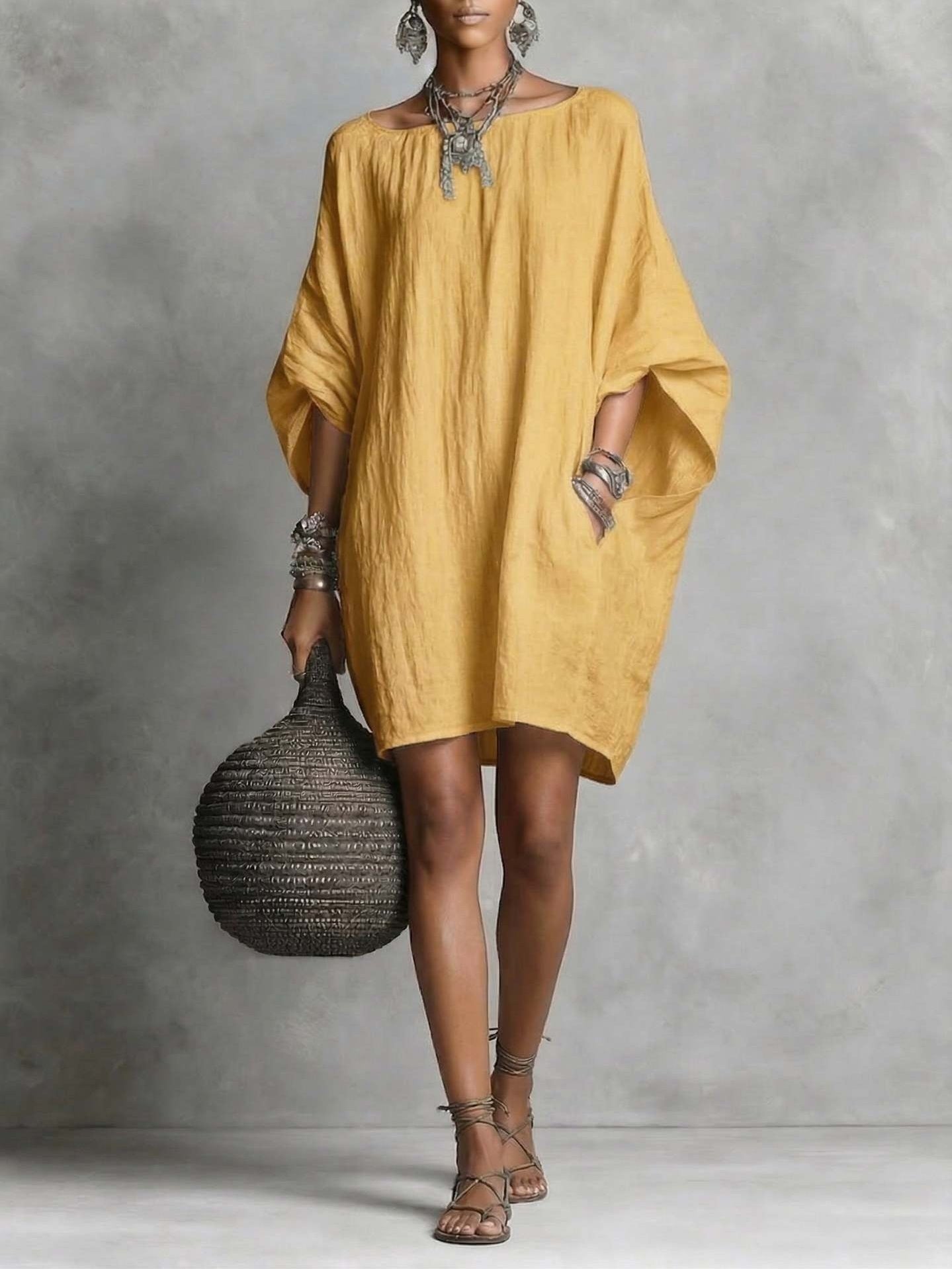 Linen-style Batwing Top, Loose-fitting Midi Dress