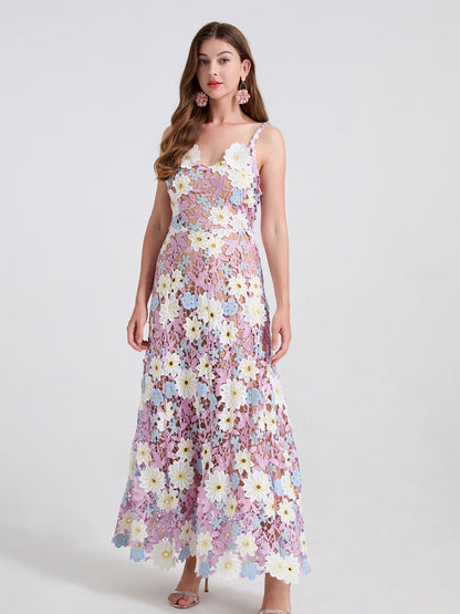 Lace Embroidery Spaghetti Strap Long Dress