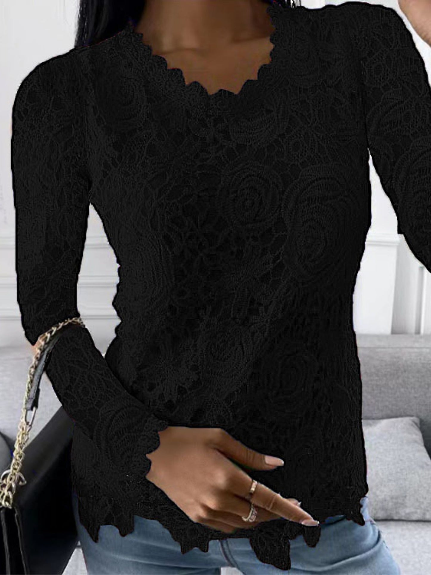Lace Trim Crew Neck Long-sleeved T-shirt