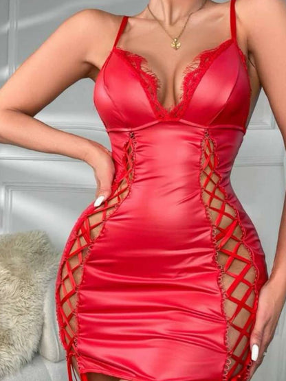 Patent Leather Lace Patchwork Side Strap Slit Mini&Short Dresses