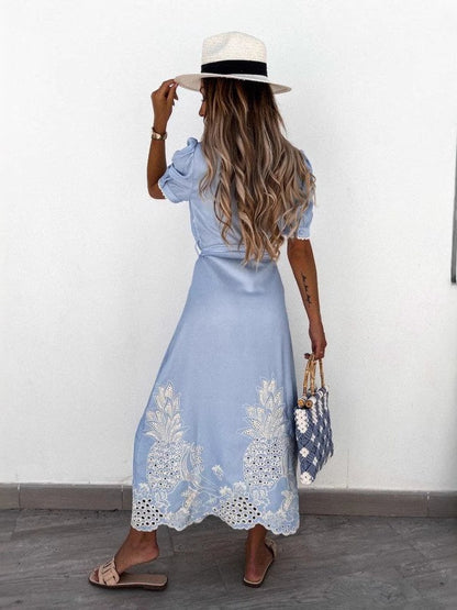 Hollow-out Short-sleeved Belted Long Dress