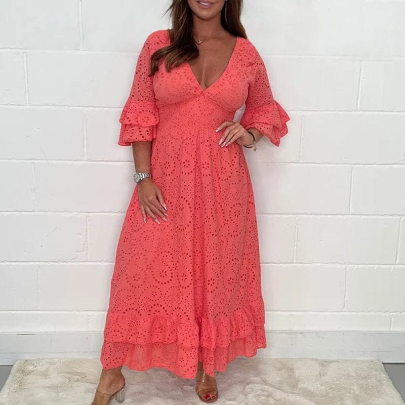 Broderie Anglaise Deep V-Neck Smocked Waist Tiered Ruffle Cuff Maxi Dress