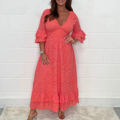 Broderie Anglaise Deep V-Neck Smocked Waist Tiered Ruffle Cuff Maxi Dress