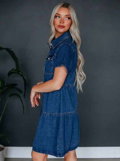 Denim Buttons Short-sleeved Collar Mini&Short Dresses