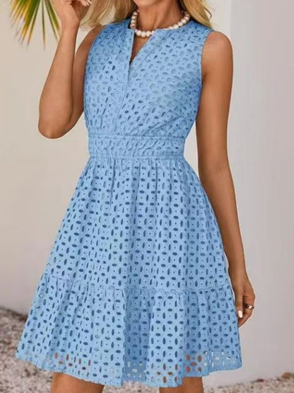 Hollow Holes V-neck Sleeveless A-line Skirt Mini&Short Dresses