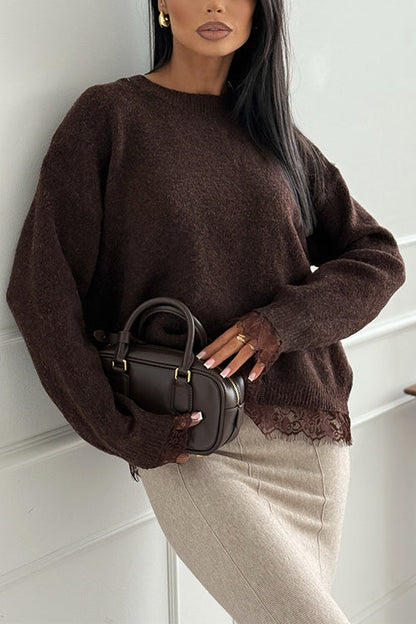 Crewneck Back Slit Lace Patchwork Sweater