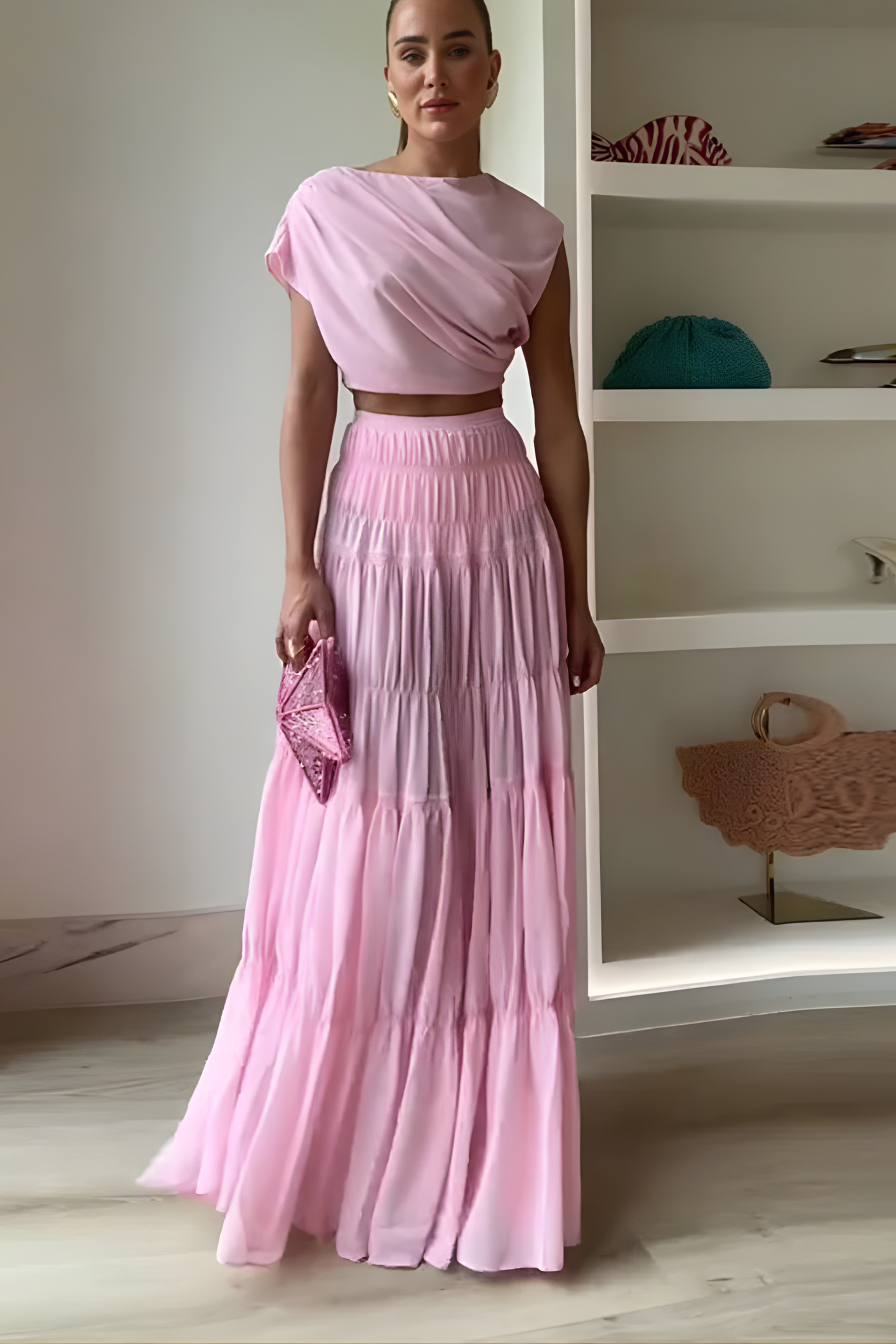 Round Neck Pleated Pink Patchwork Maxi Two-Piece Set