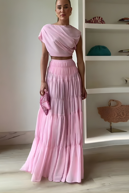 Round Neck Pleated Pink Patchwork Maxi Two-Piece Set