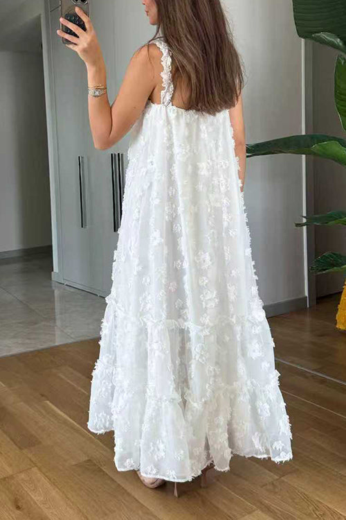 Margovil V Neck Sleeveless Flower Applique Ruffle Maxi Dress