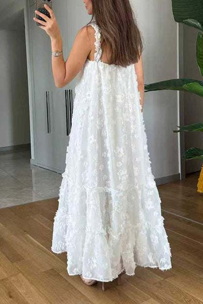 Margovil V Neck Sleeveless Flower Applique Ruffle Maxi Dress