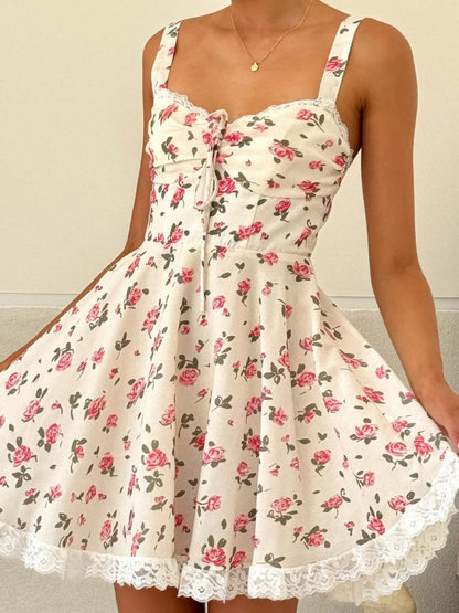 Floral Lace Trim Sweet Patchwork Mini&Short Dresses