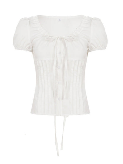 Bow Tie Puff Sleeve Waist Shaping T-shirts