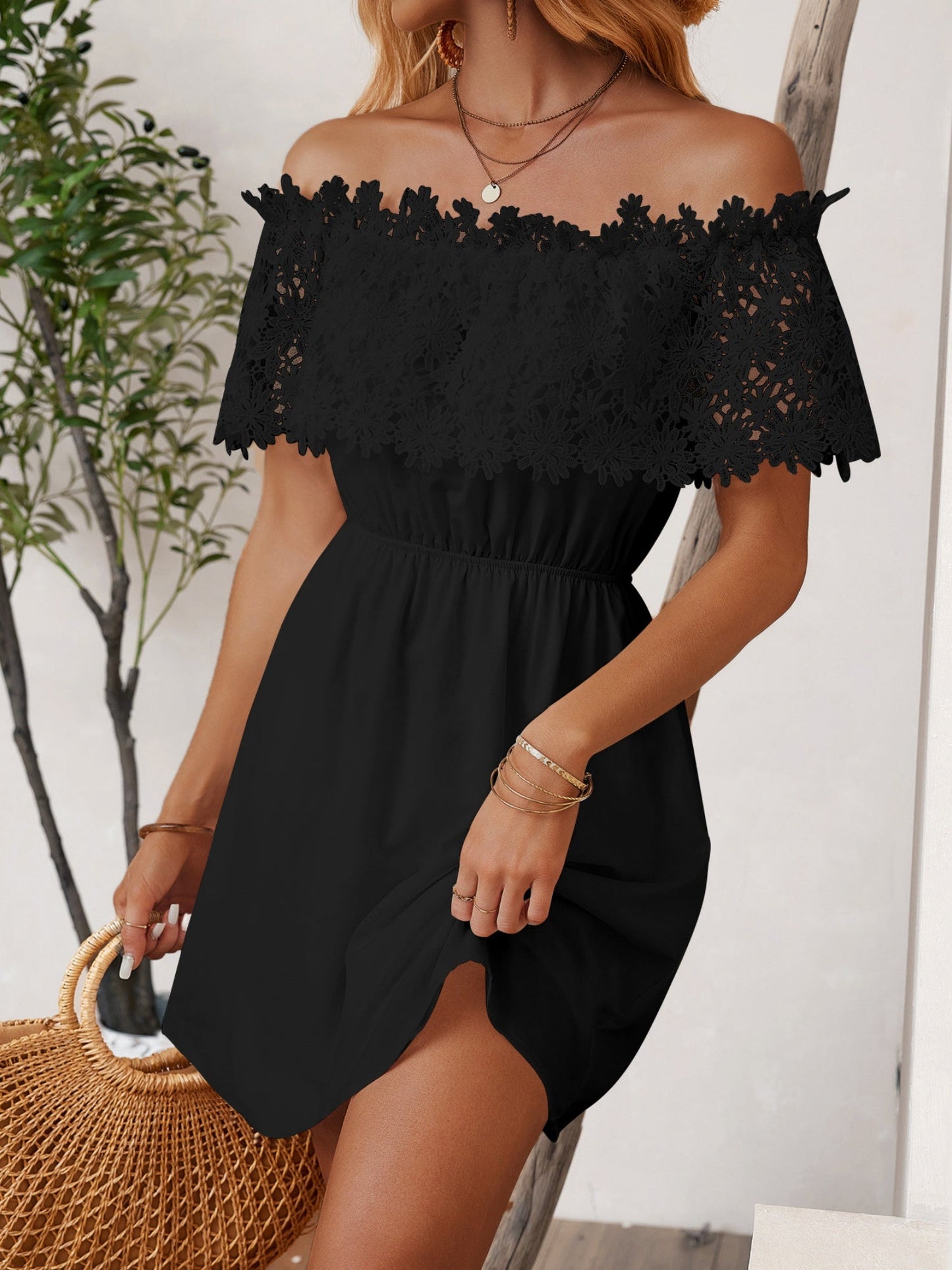 Lace Trim Off-the-shoulder And Waist-cinching Mini&Short Dresses