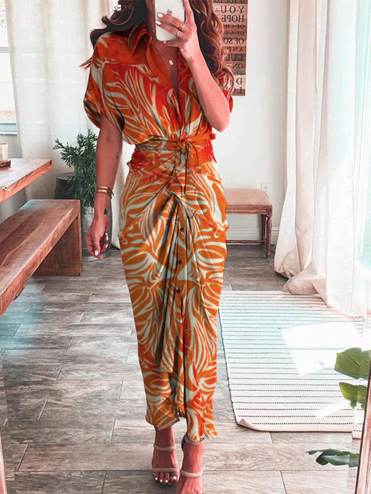 Abstract Print Shirt Collar Short Sleeve Tie Waist Button Front Maxi Dress