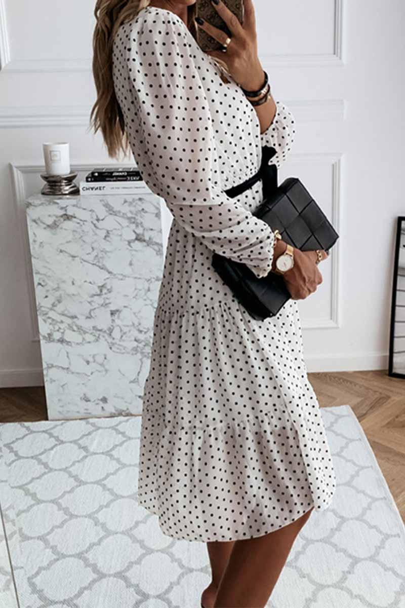 Polka Dot Round Neck Puff Sleeve Tie Belt Tiered Midi Dress