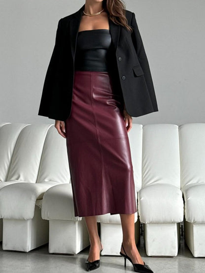 PU Leather High-waisted Back Slit Longline Skirts