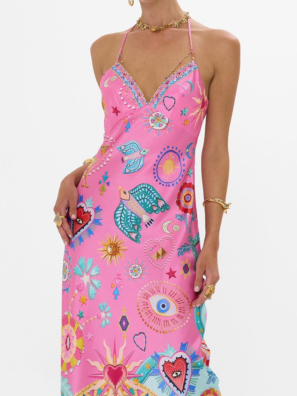 V Neck Beaded Trim Halter Strap Celestial Print Border Hem Maxi Dress