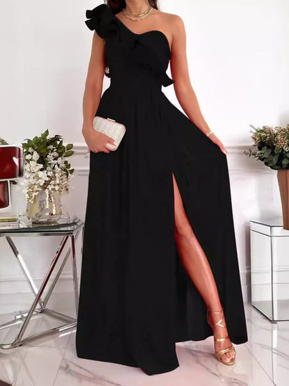 Sloping Shoulders Ruffle Slit Parties Maxi Dresses