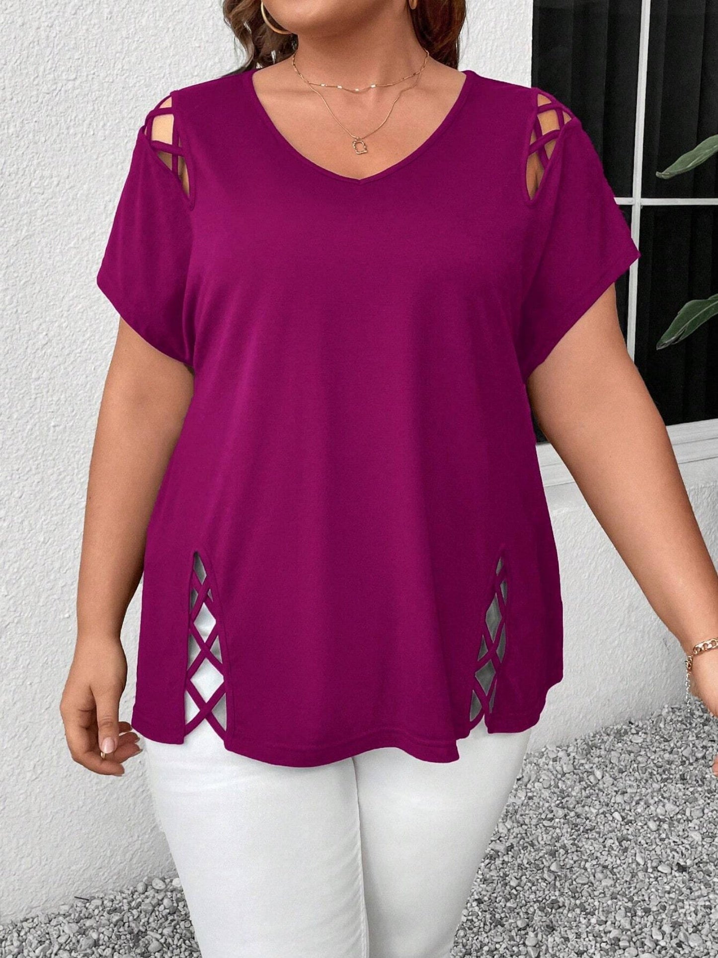 Hollow Out V-neck Cross Belt Short-sleeved T-shirt