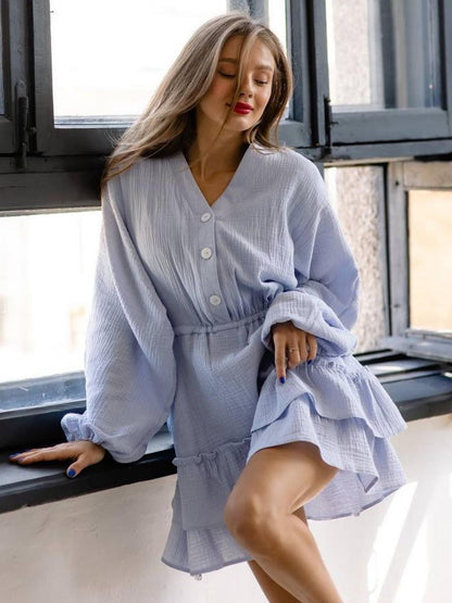 Ruffle Buttons V-neck Long Sleeve Mini&Short Dresses