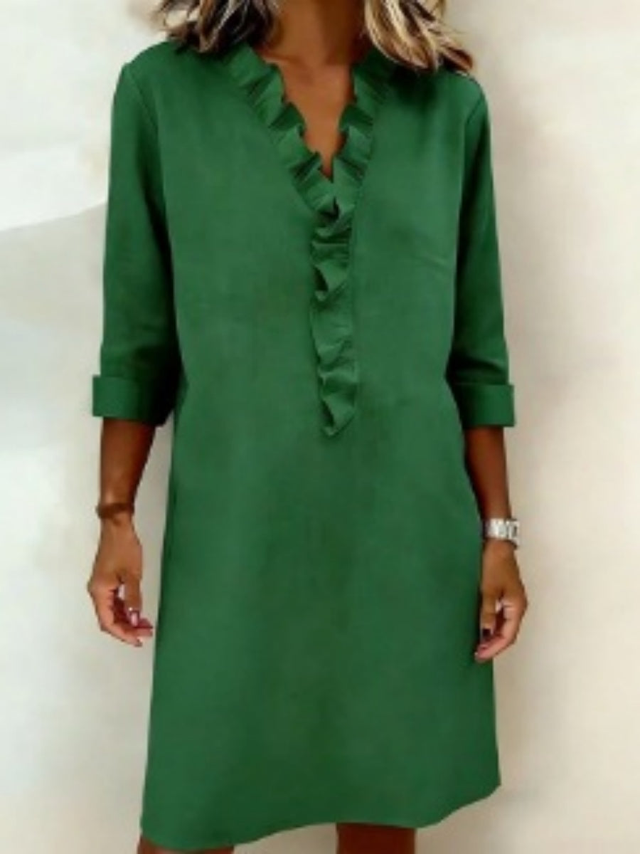 Ruffled Trim Long-sleeved Cotton-linen Short Dress