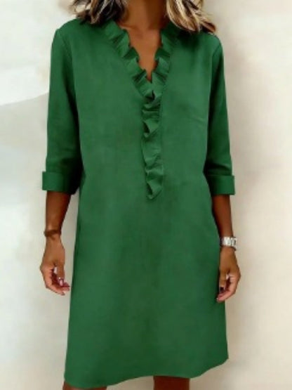 Ruffled Trim Long-sleeved Cotton-linen Short Dress