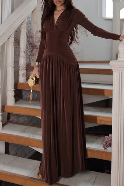 Margovil V Neck Long Sleeves Waisted Velvet Maxi Dress