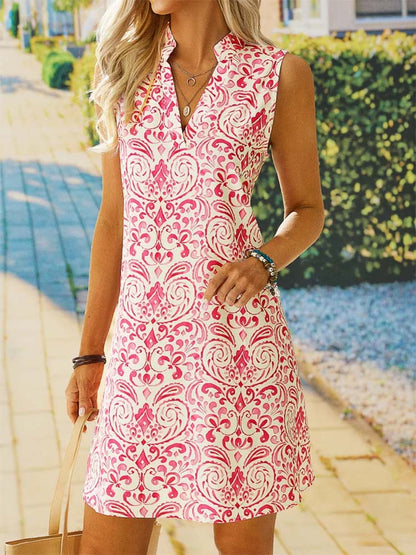 Ornate Scrollwork Mandarin Collar Sleeveless Shift Mini Dress