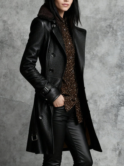 Black Thickening Fur Collar Buttons Leather Mid-length Jackets