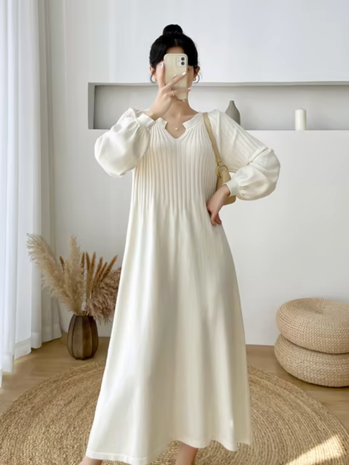 V-Neck Bishop Sleeve Rib Knit A-Line Maxi Sweater Dress