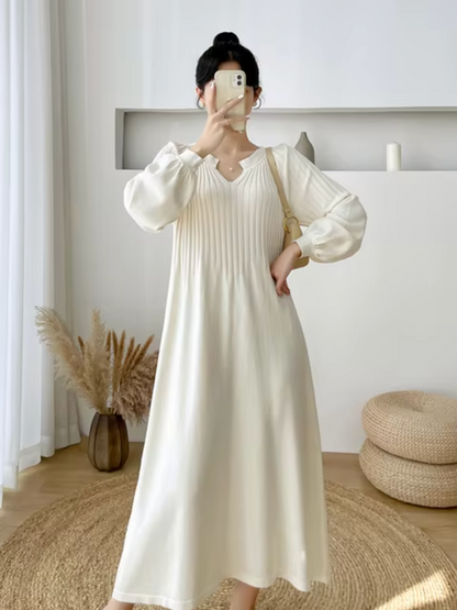 V-Neck Bishop Sleeve Rib Knit A-Line Maxi Sweater Dress