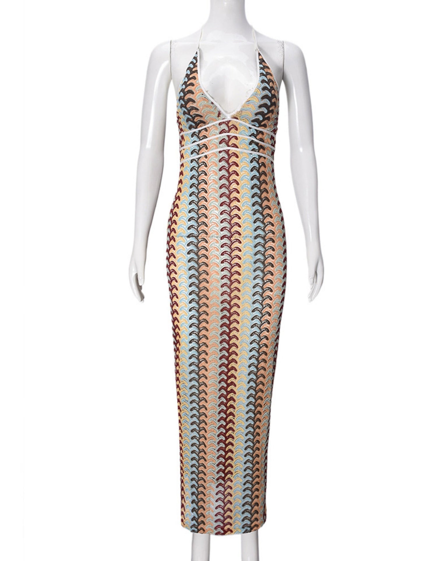 Striped Color Blocking Halter V-neck Maxi Dresses