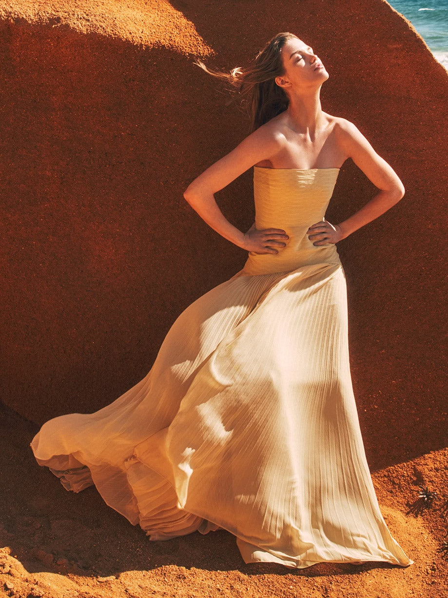 Strapless Vertical Accordion Pleated Floor Length Ball Gown Maxi Dress