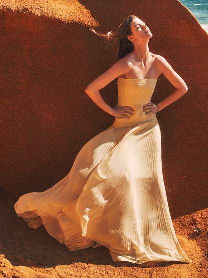 Strapless Vertical Accordion Pleated Floor Length Ball Gown Maxi Dress
