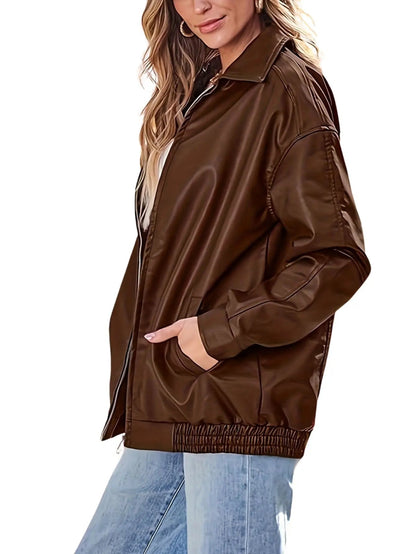 | Women’s Classic Oversized Leather Bomber Jacket