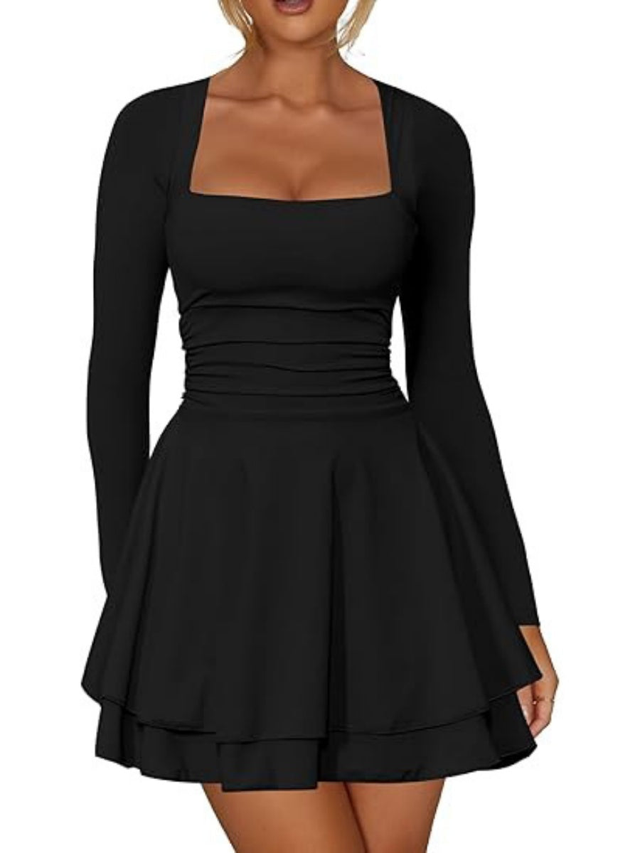 Square Neck Long Sleeves Pleated Solid Color Slim Fit Mini&Short Dresses