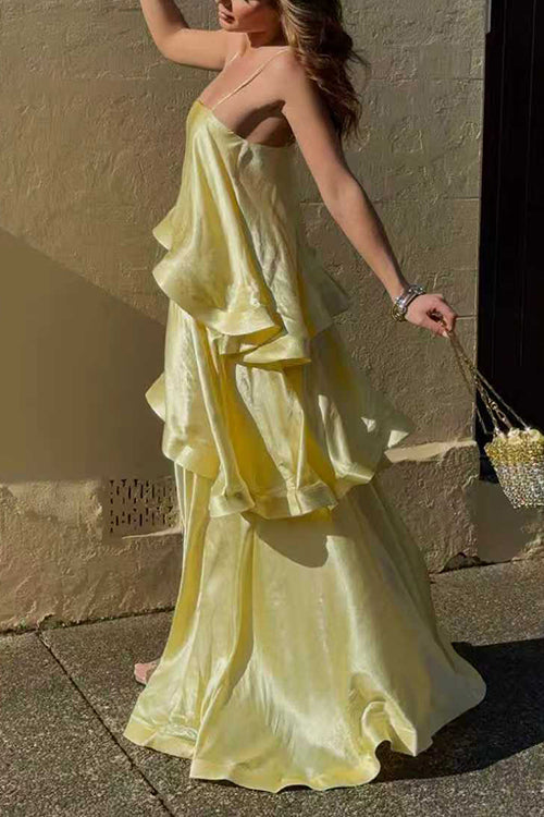 Margovil Adjustable Strap Ruffle Layered Satin Maxi Dress