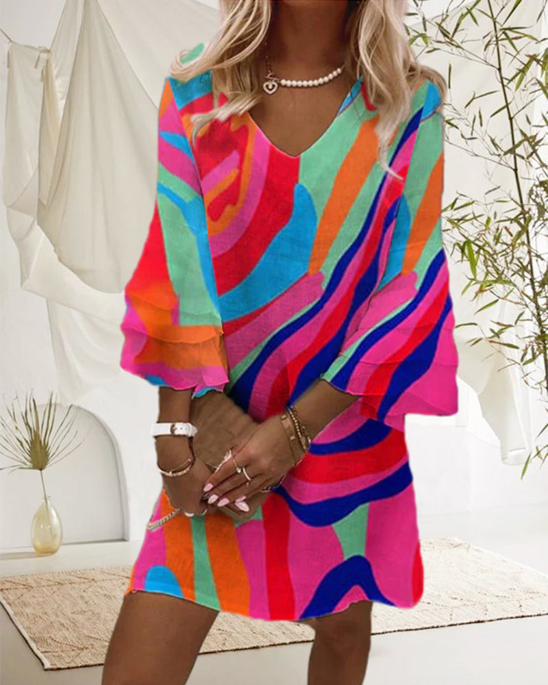 V-Neck Bell Sleeve Abstract Print Mini Dress