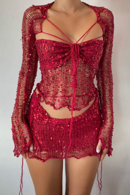 Sequins Knit Hollow Out Three-piece Outfits