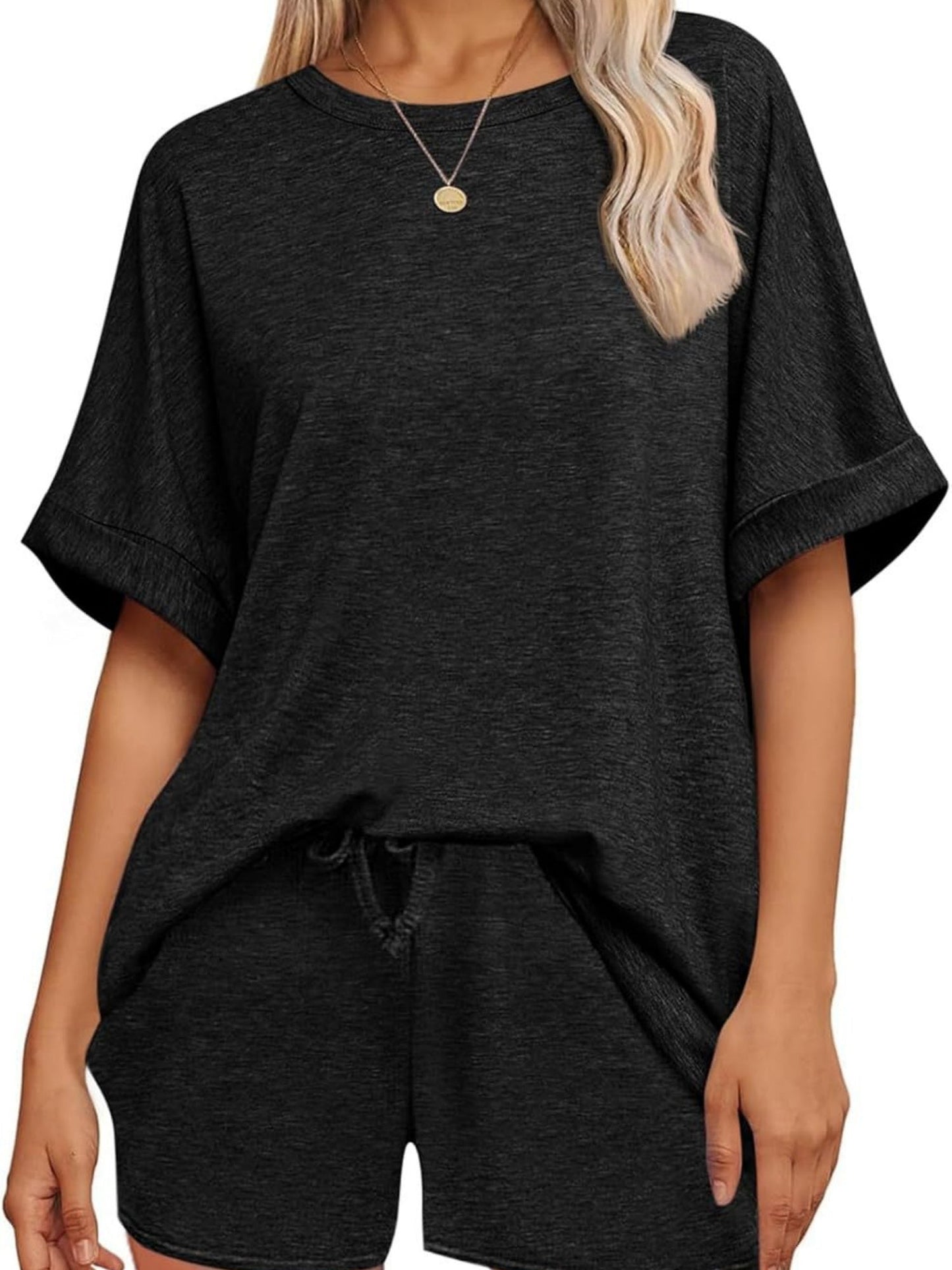 Batwing Sleeve T-shirt Drawstring Shorts Pocket Sportswear 2-piece Sets