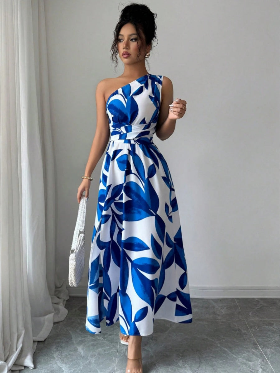 Sloping Shoulders Printed Slit Vacation Leisure Maxi Dresses