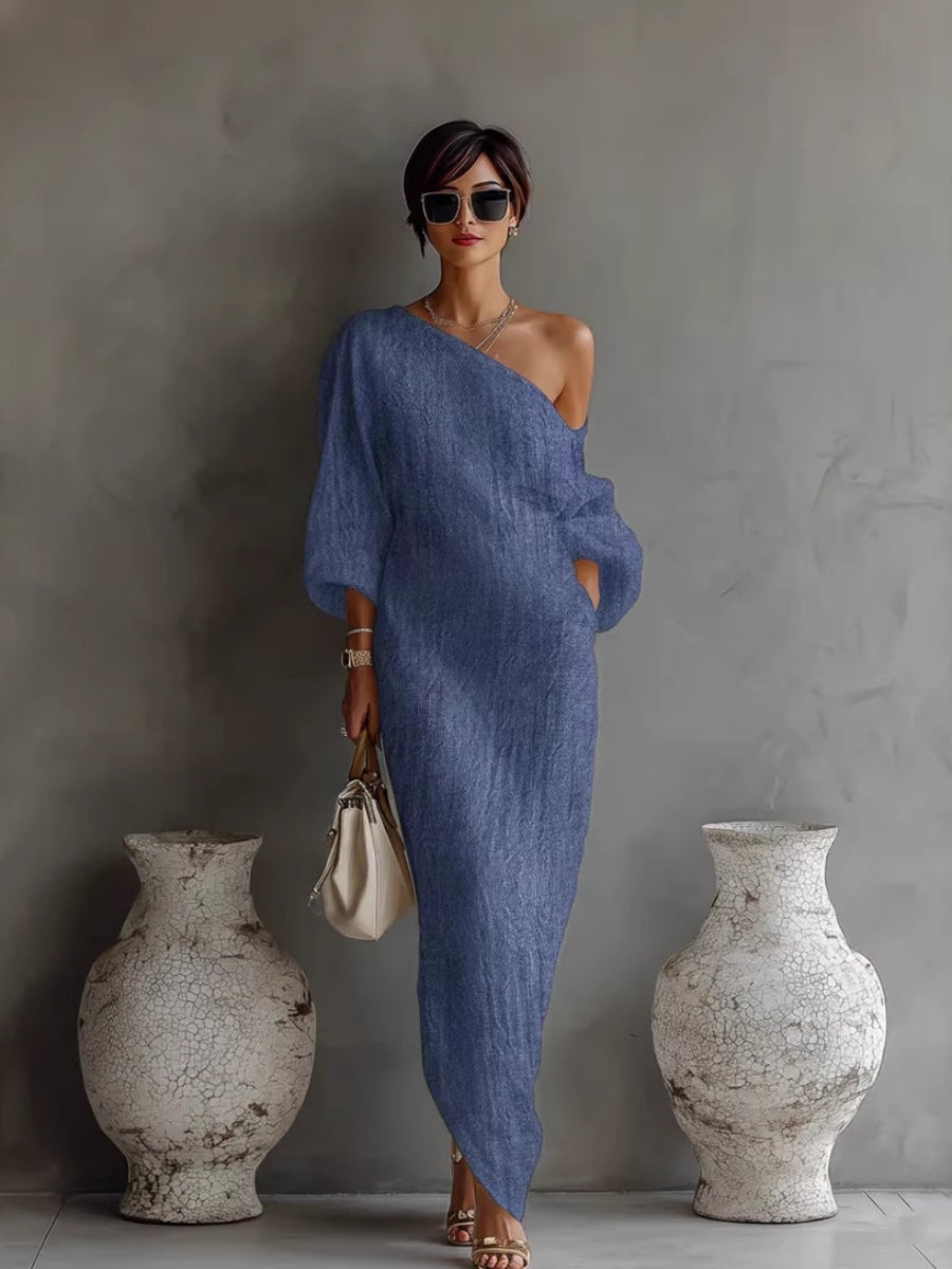 Long Sleeve Off-shoulder Comfort Loose-fit Maxi Dresses
