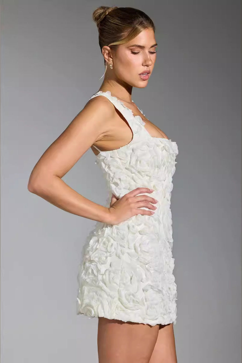 3D Floral Rosette Square Neck Bodycon Mini Dress