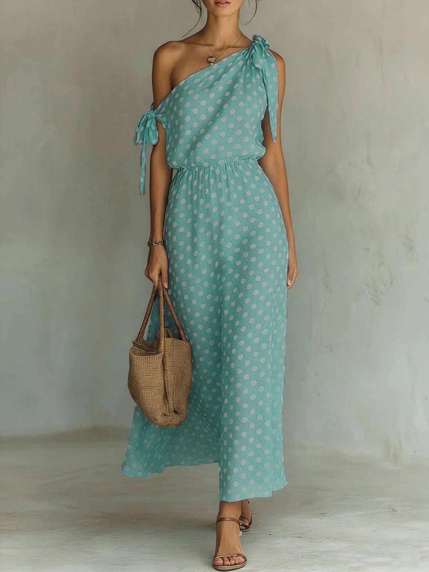 Polka Dots Sloping Shoulders Straps Maxi Dresses