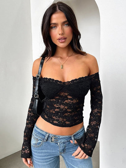 Fitted Lace Off-shoulder Short See-through Top