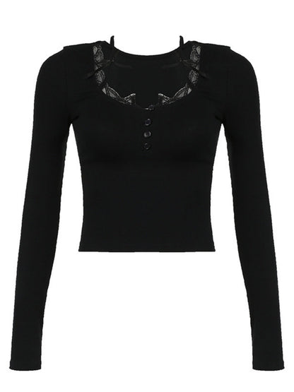 Lace Trim Square Neck Long-sleeved Top Button-down Halter Neck Tank Top